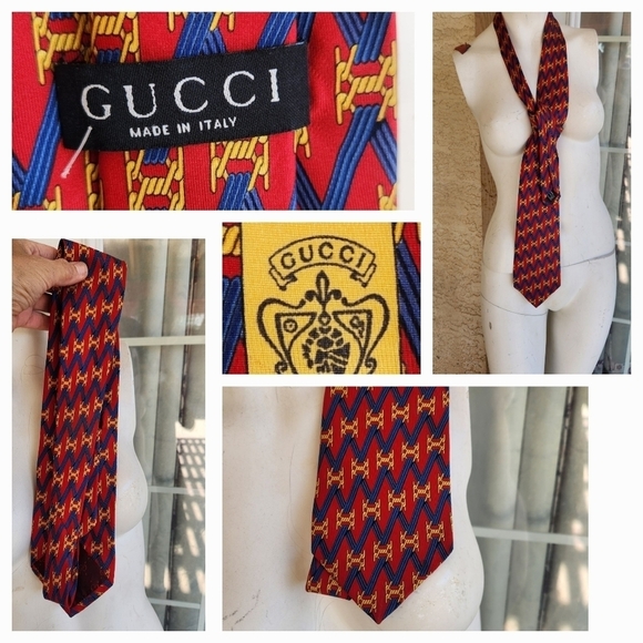 GUCCI Red&Blue Gold Chain Fullprint‎ Inner Monogram Silk Ties - Picture 1 of 1